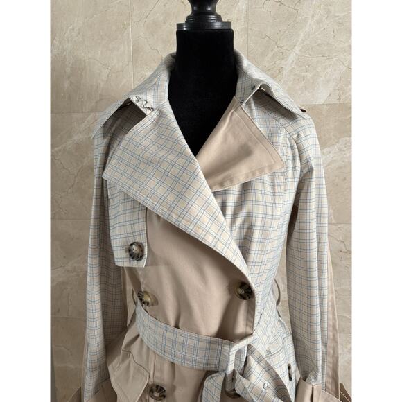 Avec Les Filles Plaid Trench Coat - XS - Tan & Blue Classic Preppy Fall Layering - Picture 5 of 10